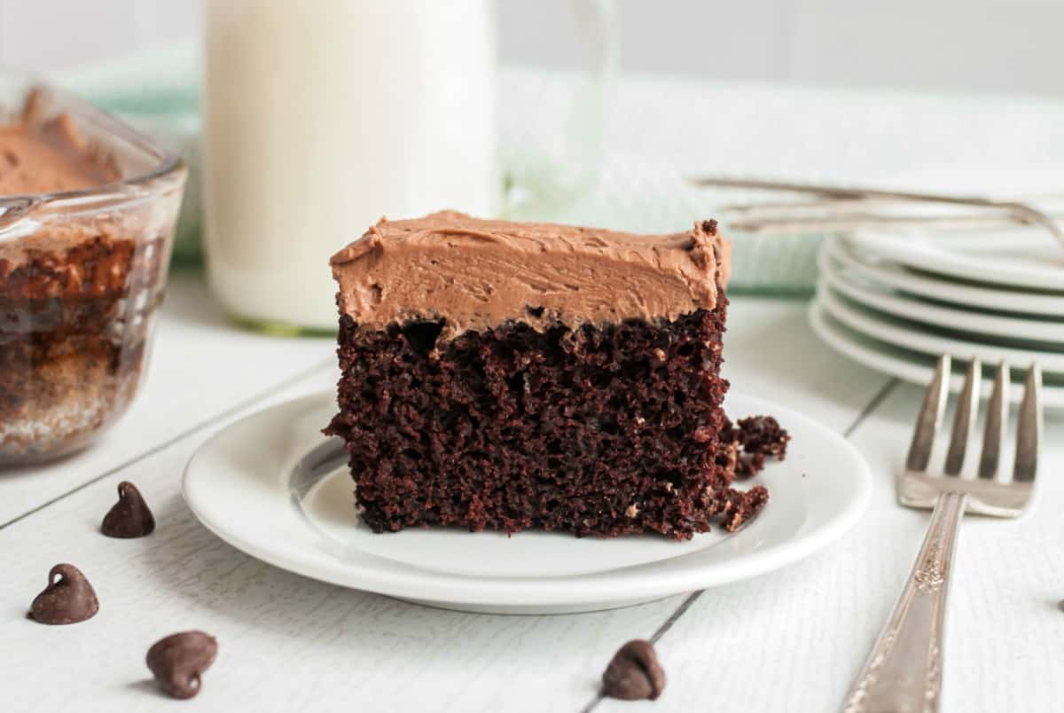 Big slice of chocolate cake made with no eggs, milk, or butter. On a white plate with a silver fork.