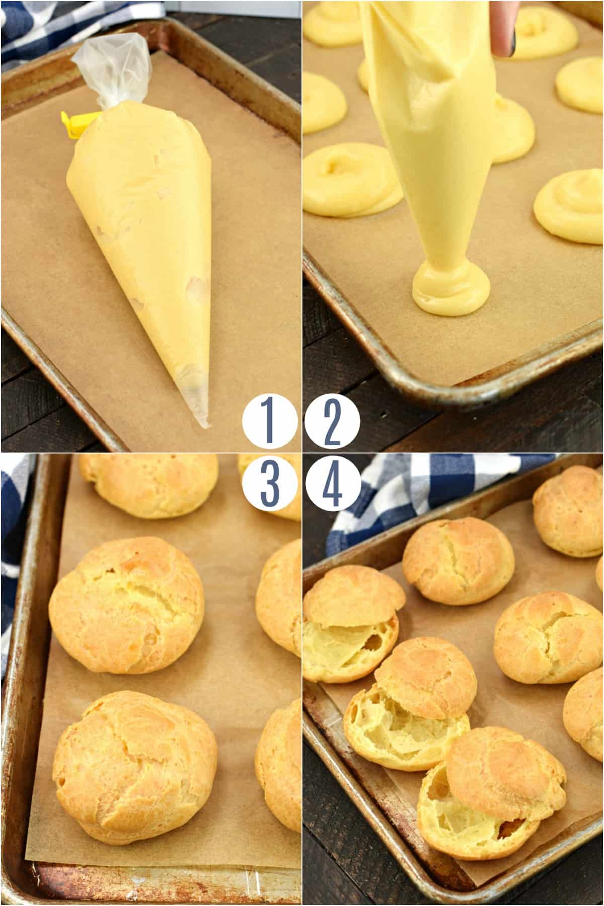 Step by step photos on how to make individual cream puffs.