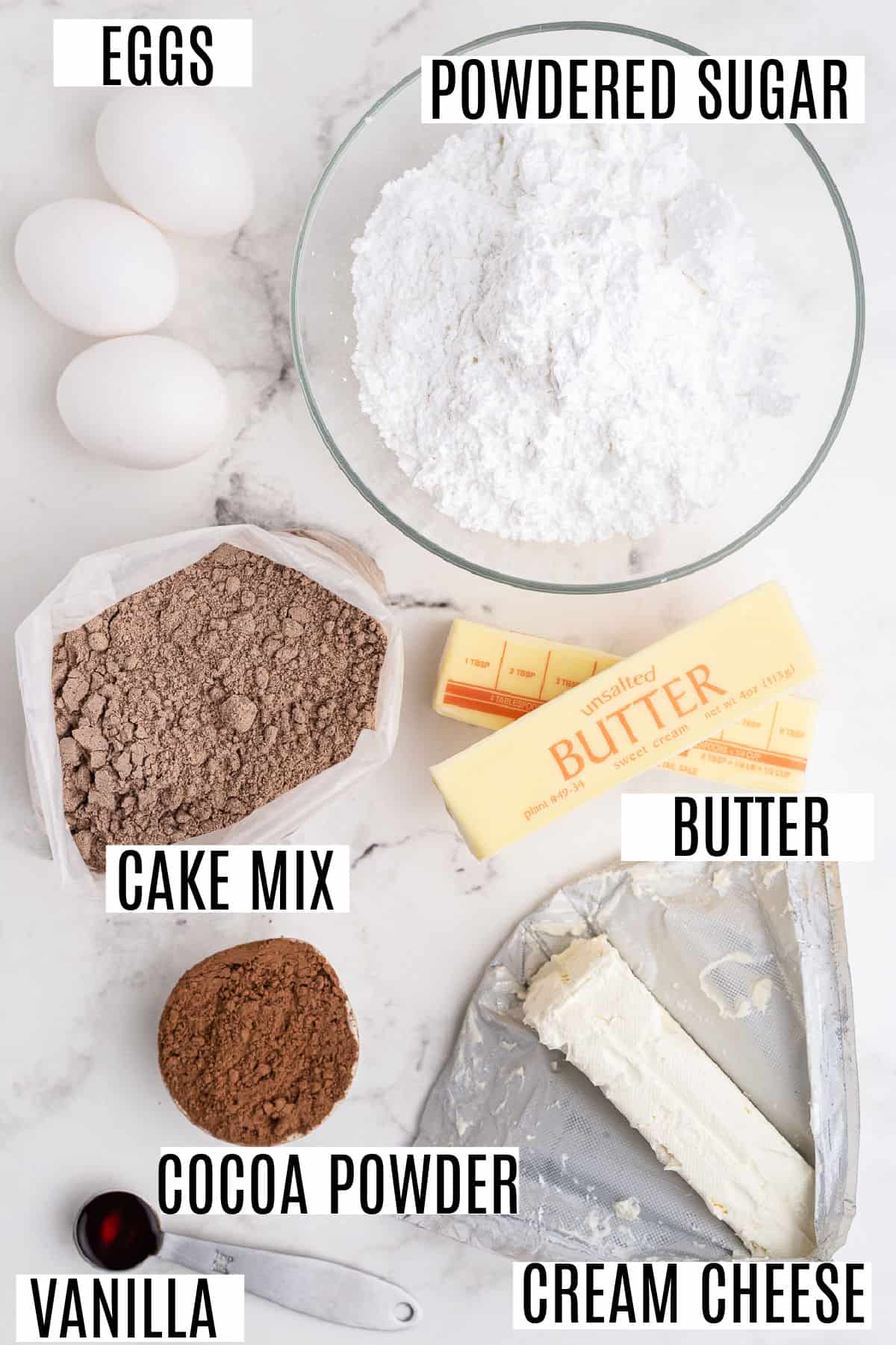 Ingredients needed for gooey brownie bars.