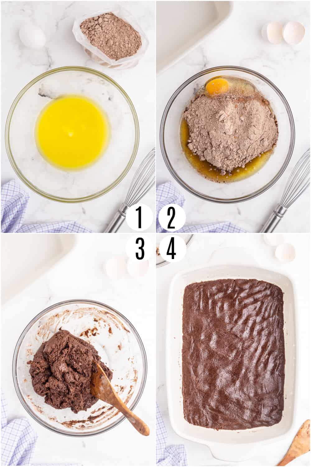 Step by step photos showing how to make the first layer of gooey brownie bars.