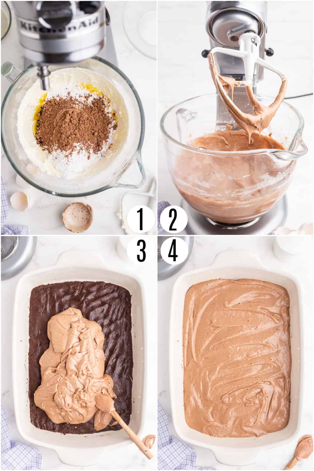 Step by step photos showing how to make the top layer of gooey brownies.