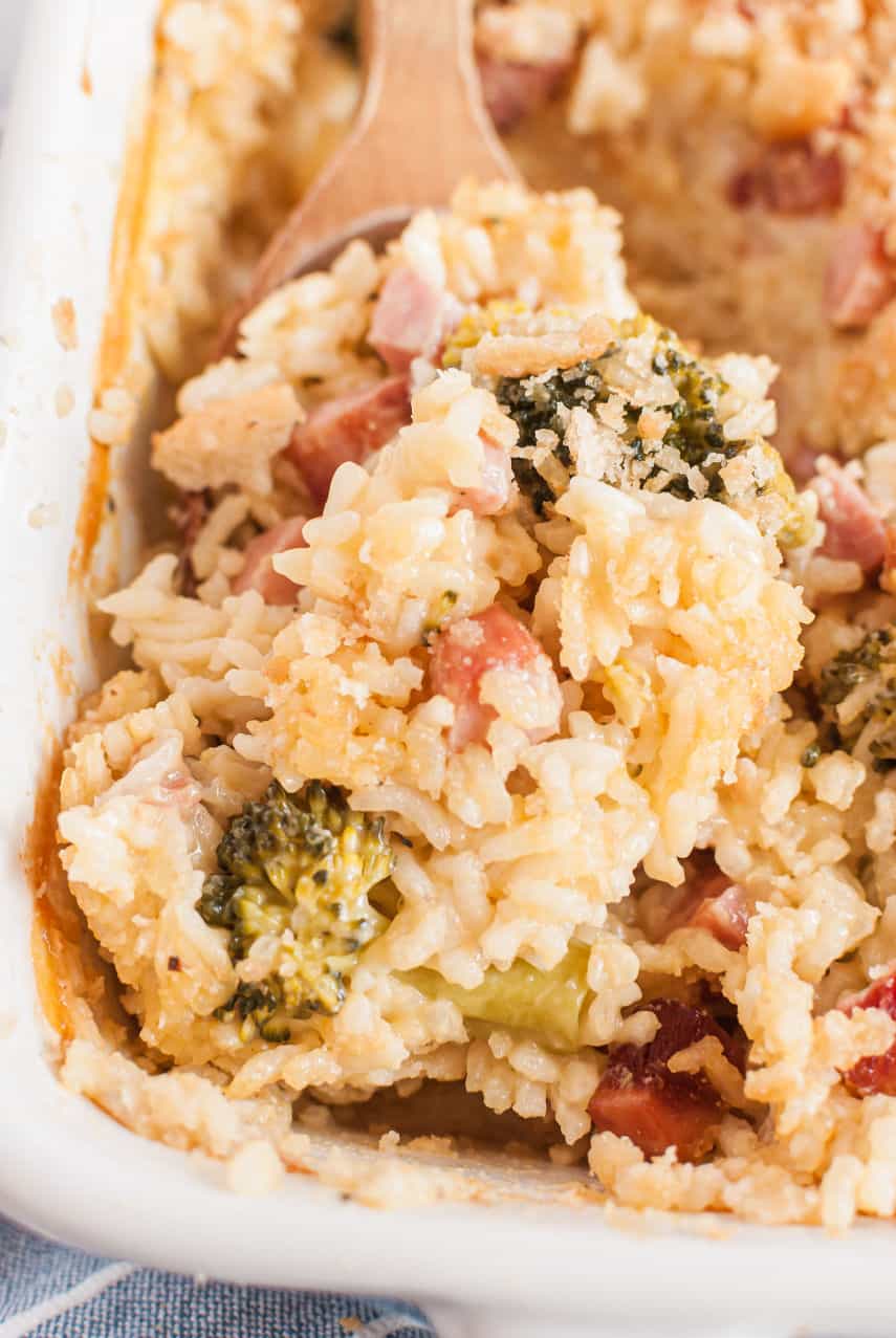 Cheesy ham and rice casserole closeup.