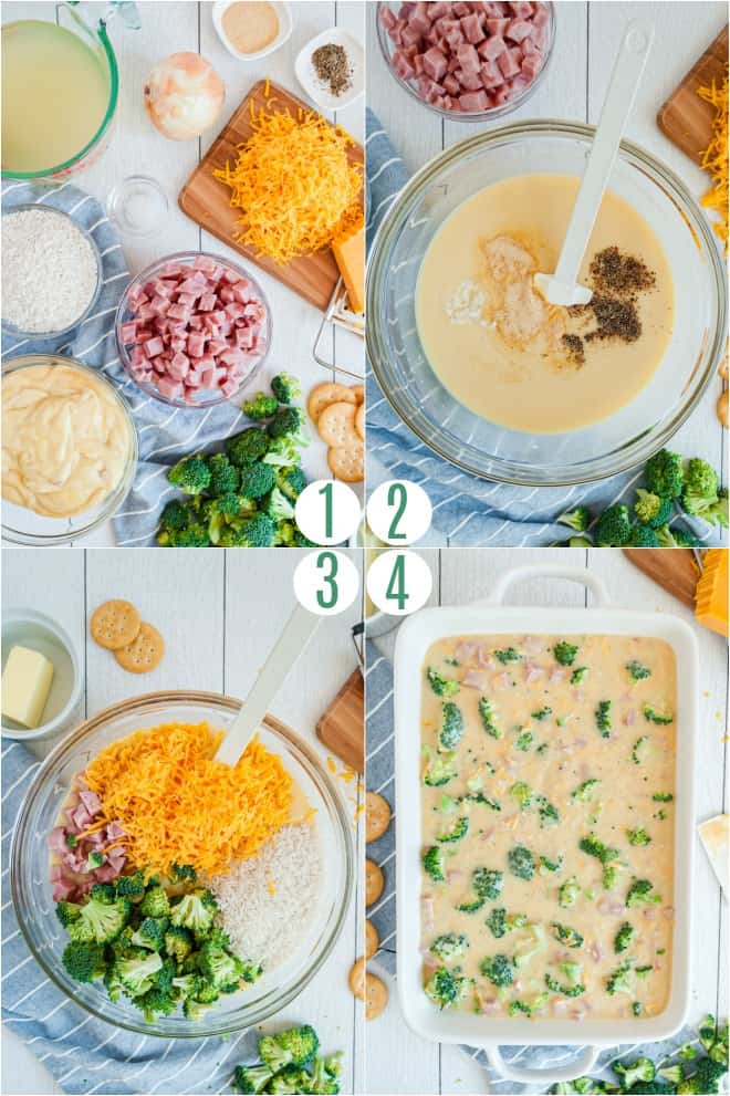 Step by step photos to make a cheesy ham, rice, broccoli casserole.