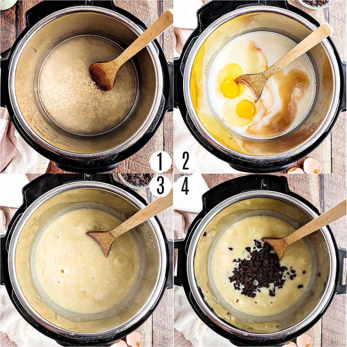 Step by step photos showing how to make rice pudding in the Instant pot.