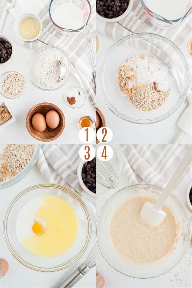 Step by step photos to make oatmeal cookie pancakes.