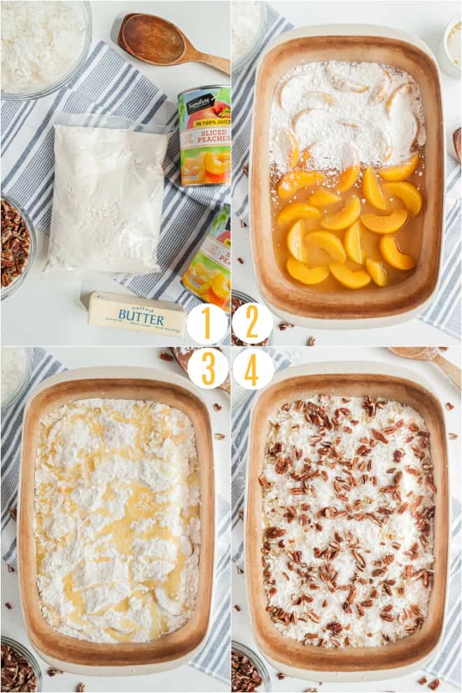 Step by step photos to make peach dump cake in a 13x9 dish.