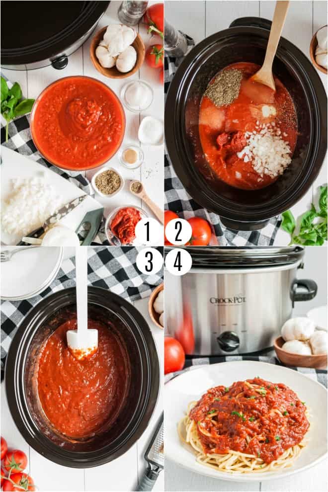 Step by step photos to make spaghetti sauce in the slow cooker.