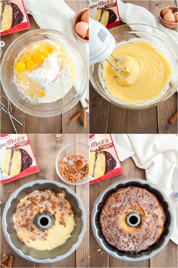 Step by step photos for making streusel bundt cake with a cake mix.