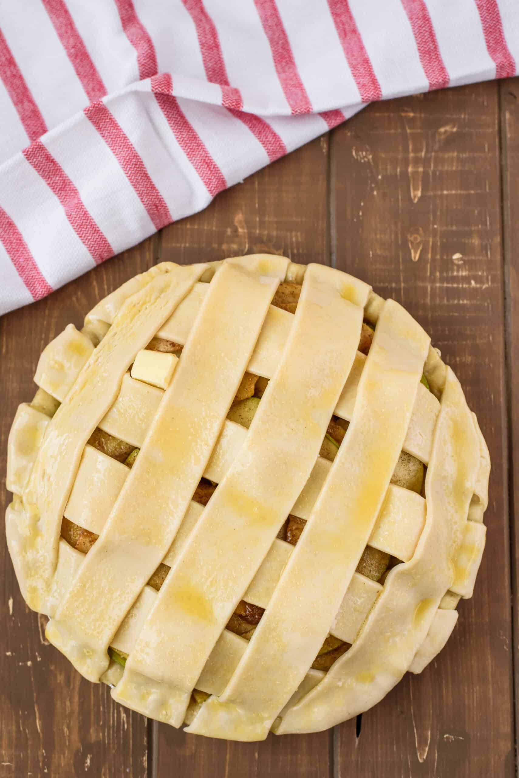 Unbaked pie crust with lattice.