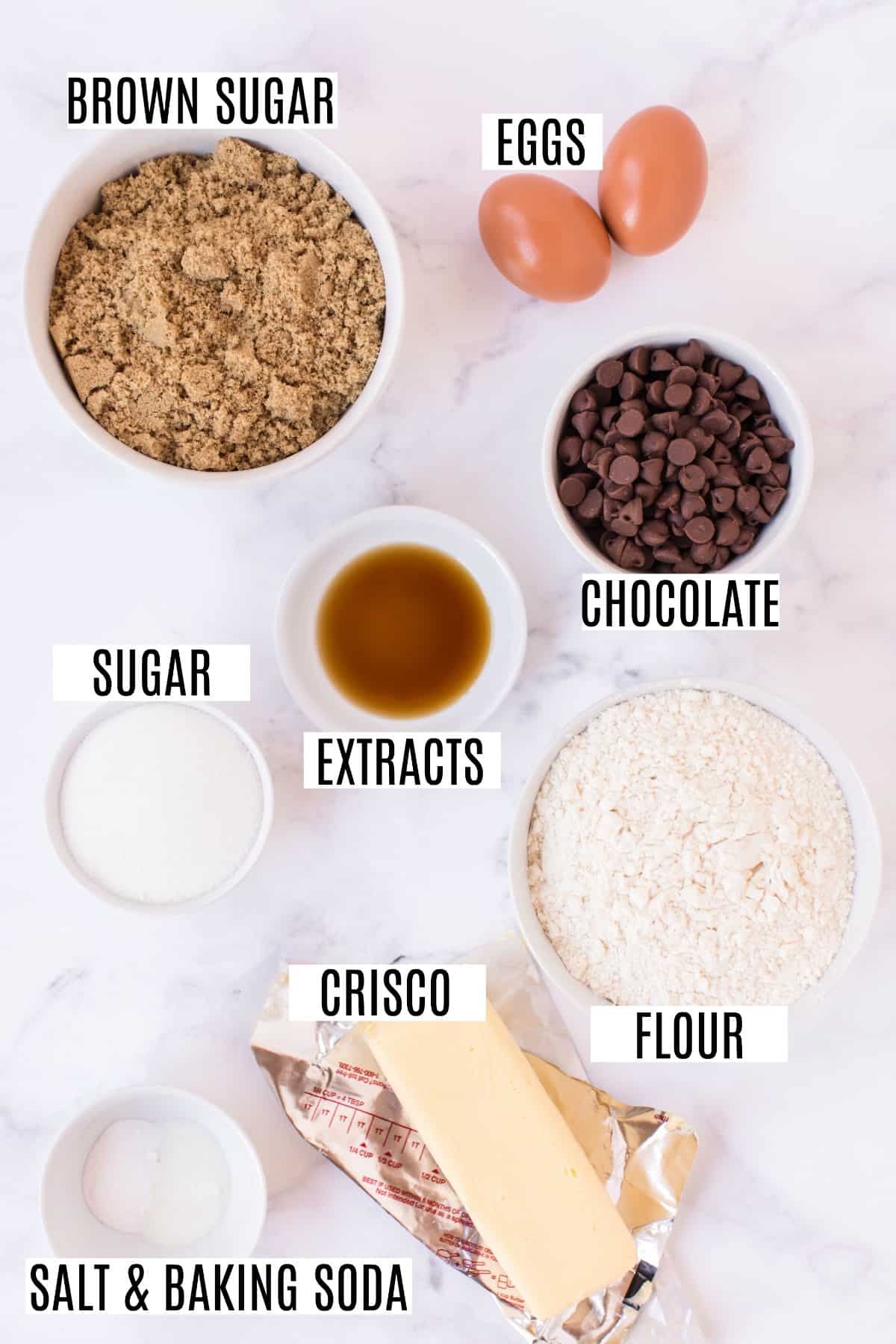 Chocolate chip cookie recipe ingredients.