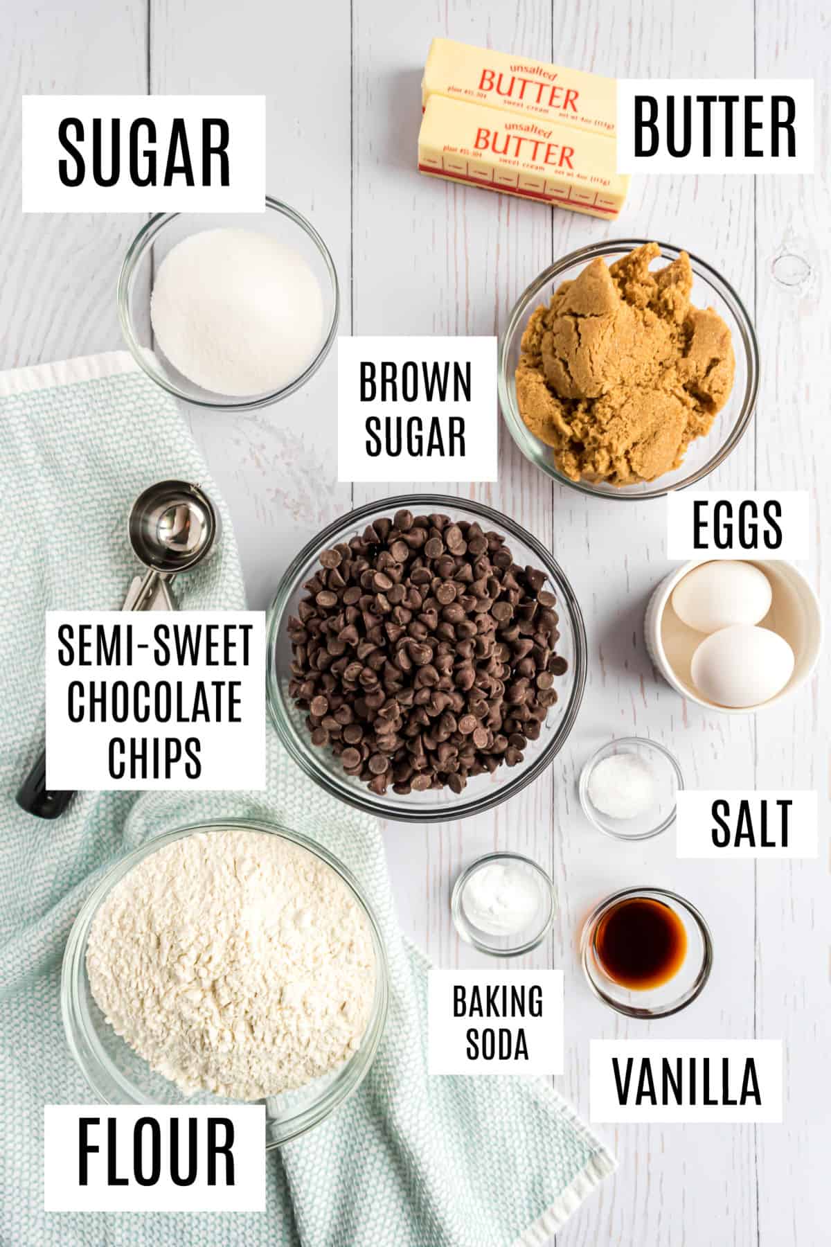 Ingredients needed to make chocolate chip cookies.