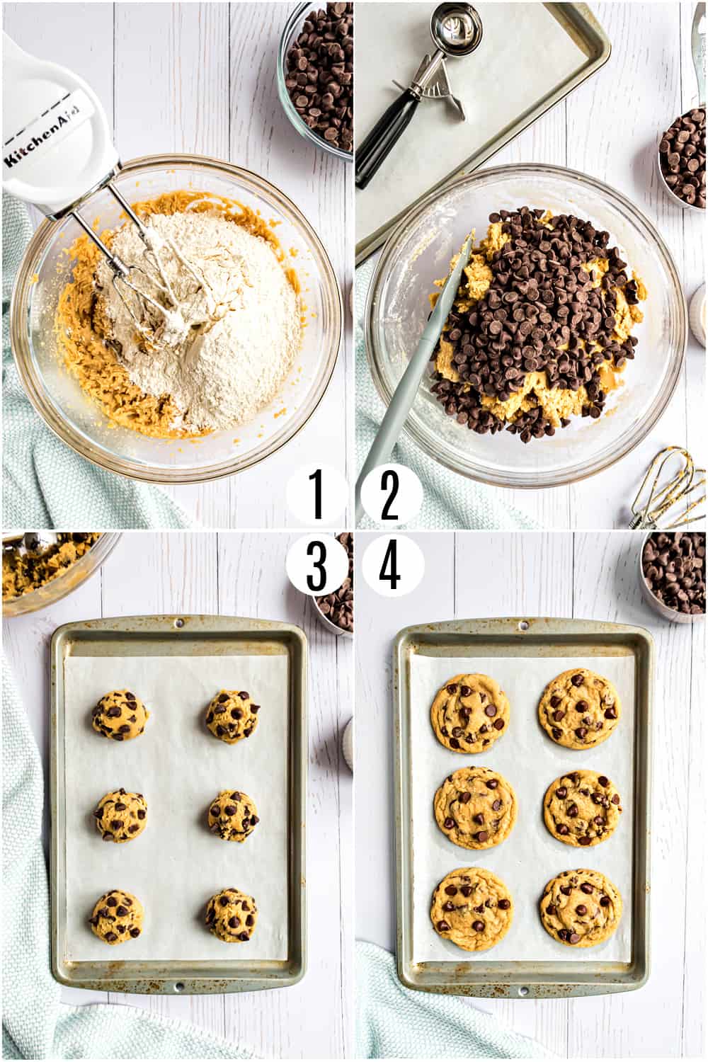 Step by step photo showing how to make chocolate chip cookies.