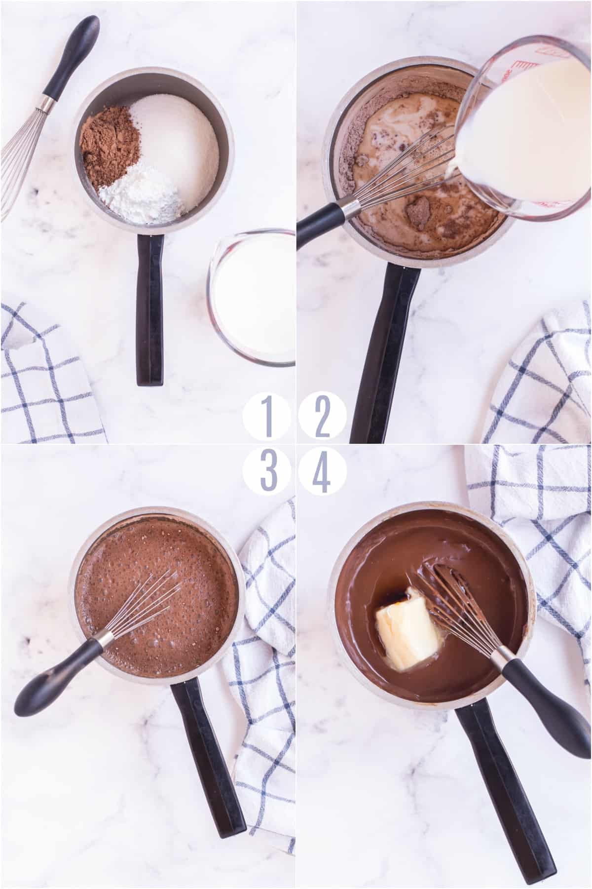 Step by step photos showing how to make homemade chocolate pudding.