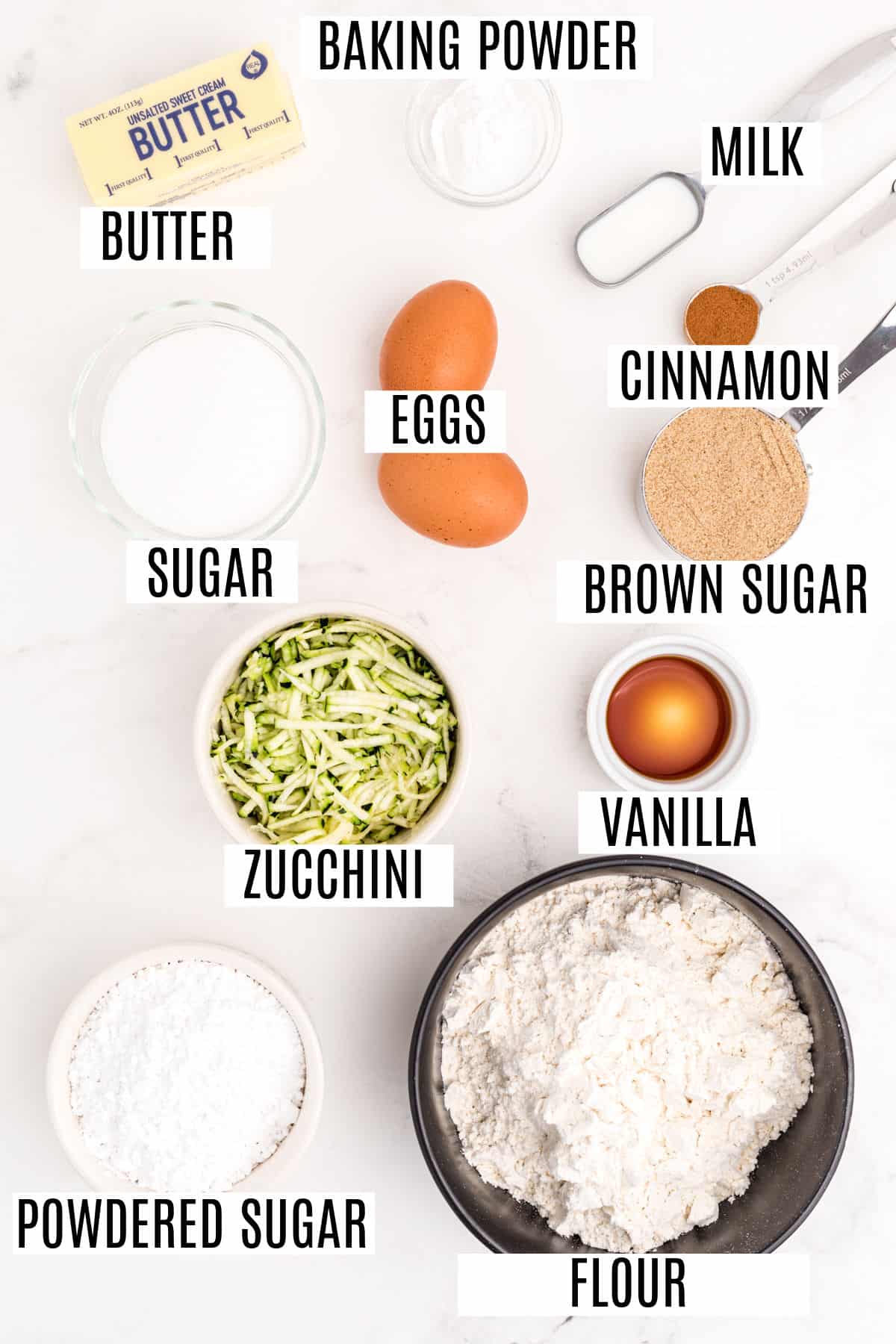 Ingredients needed for homemade zucchini bars.