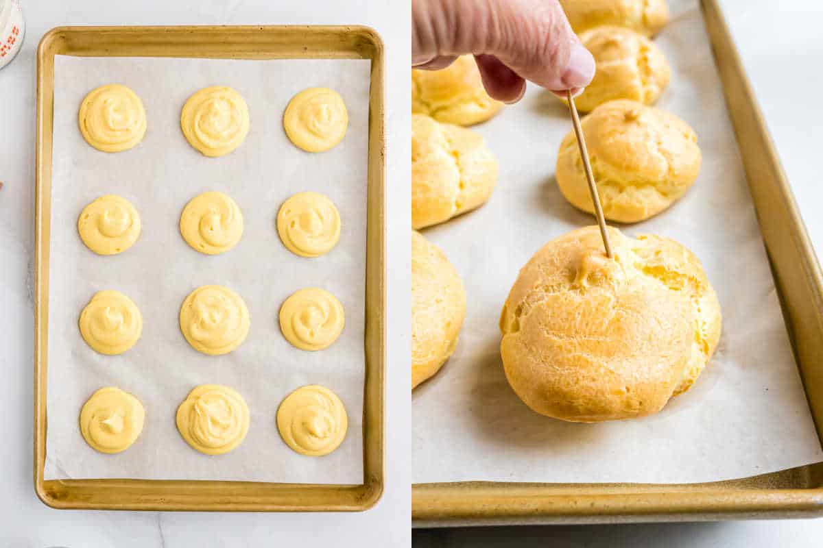 Left: Piped cream puff dough on a baking sheet. Right: Freshly baked puffs with a hand poking a hole in one with a skewer.