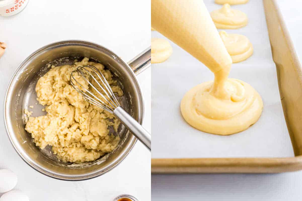 Left: Choux dough and whisk in pot. Right: Piping cream puff choux dough onto parchment-lined baking sheet.