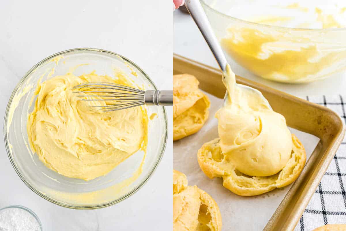 Left: yellow cream puff filling whisked in a bowl. Right: cream is spooned onto sliced pastry shells on a baking sheet.