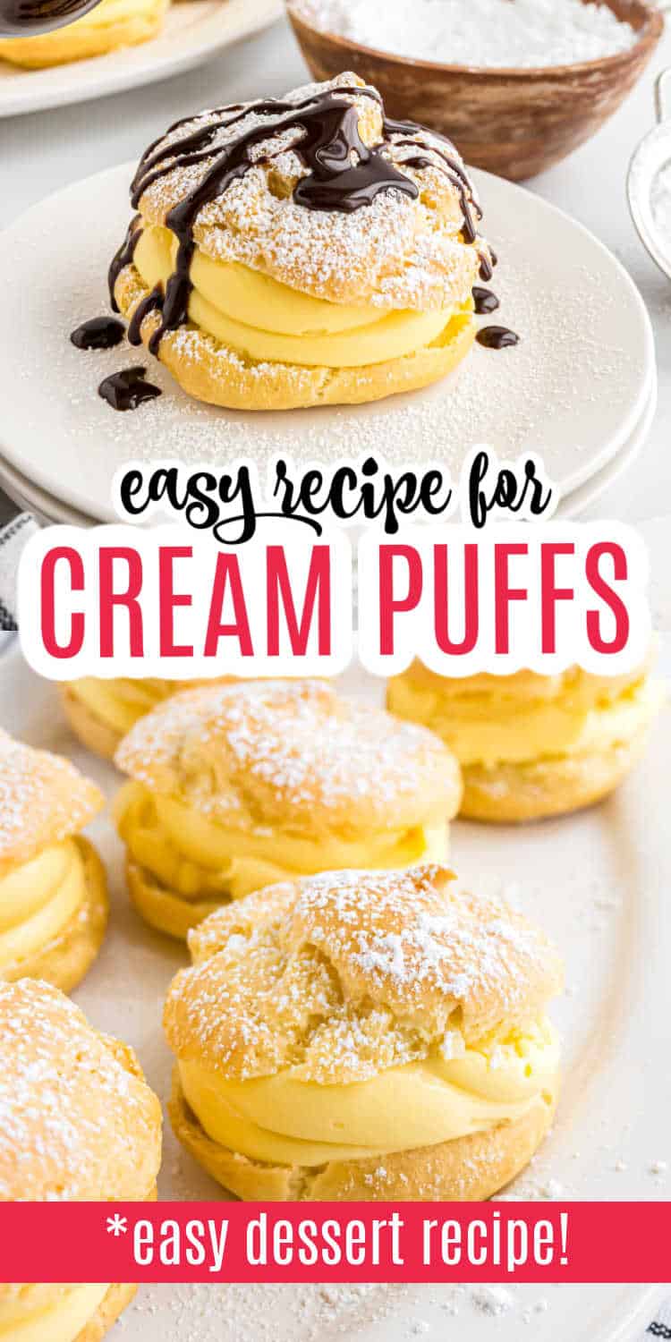 Cream puffs filled with cream, drizzled with chocolate, and dusted with powdered sugar on a white plate make for an irresistible cream puff dessert.