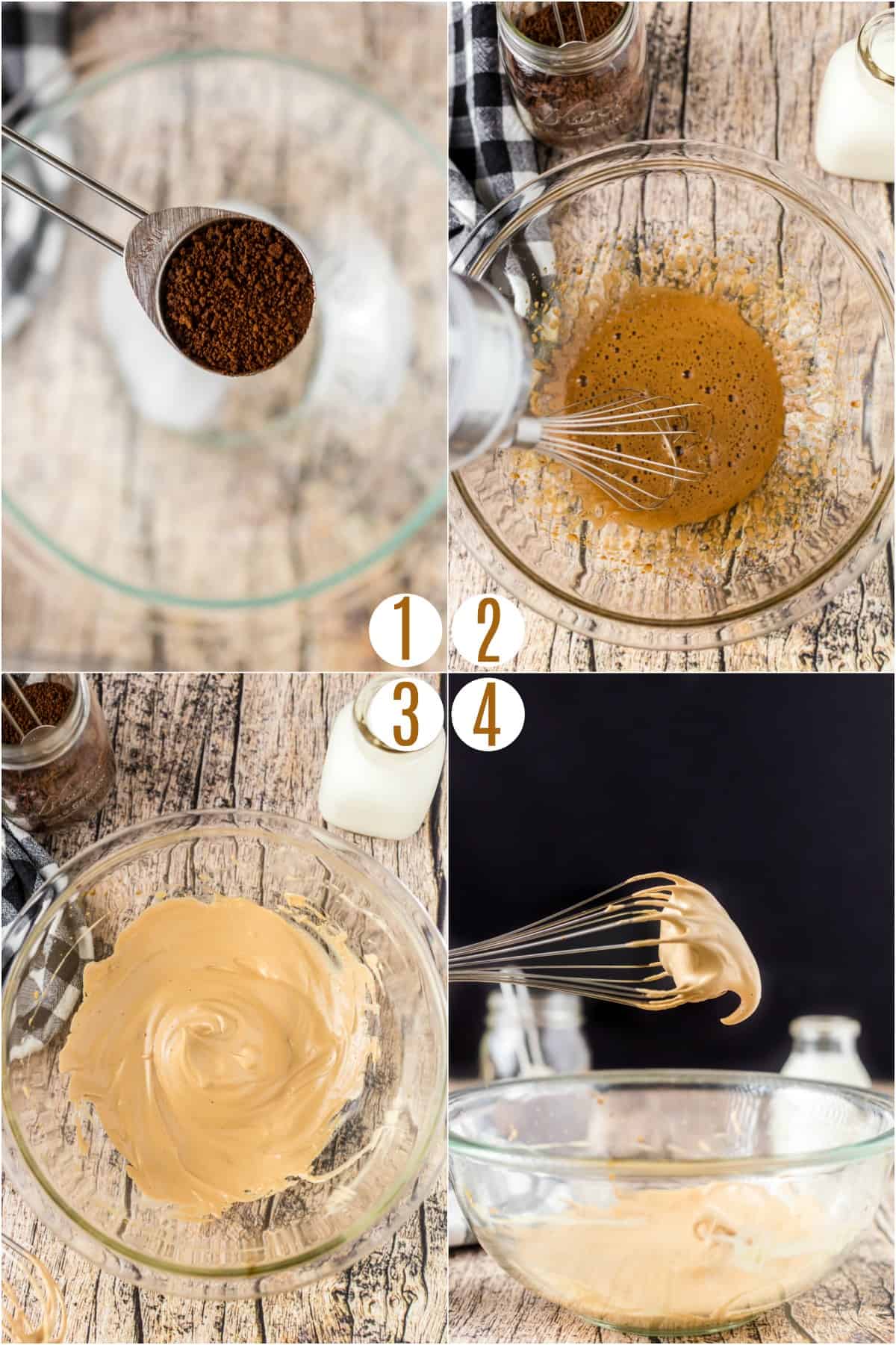 Step by step photo collage on how to make whipped coffee drink.