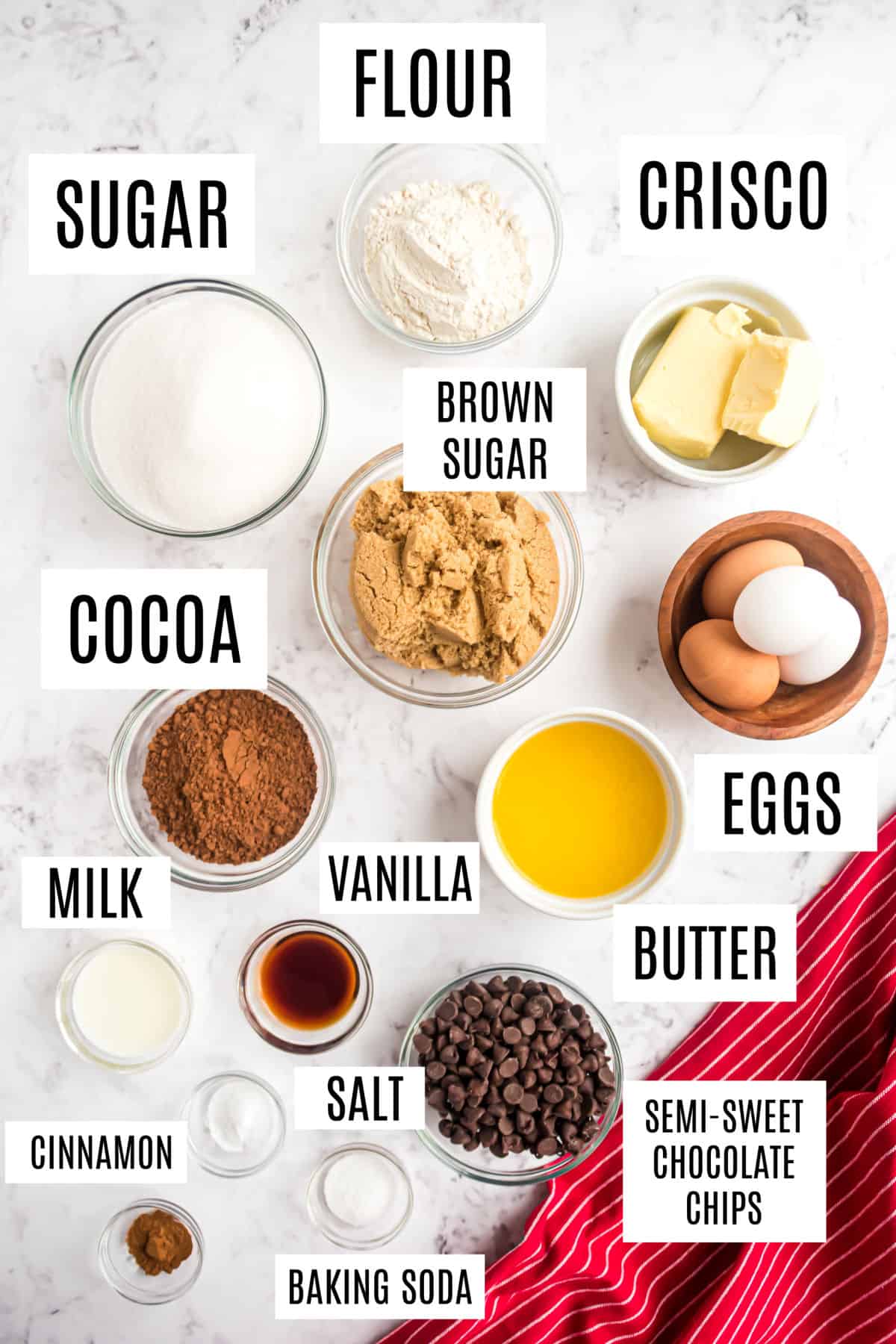 Ingredients needed to make chocolate chip brookies.