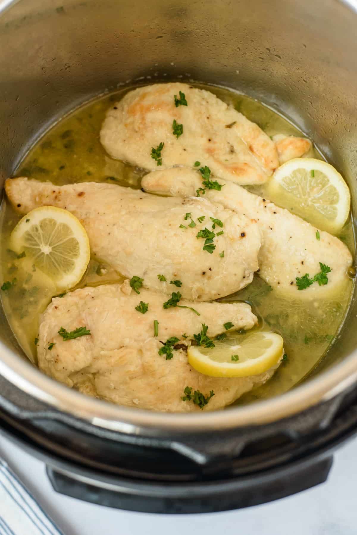 Instant Pot filled with chicken piccata after cooking.