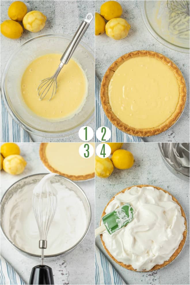 Step by step photo collage to make lemon pie filling and meringue topping.