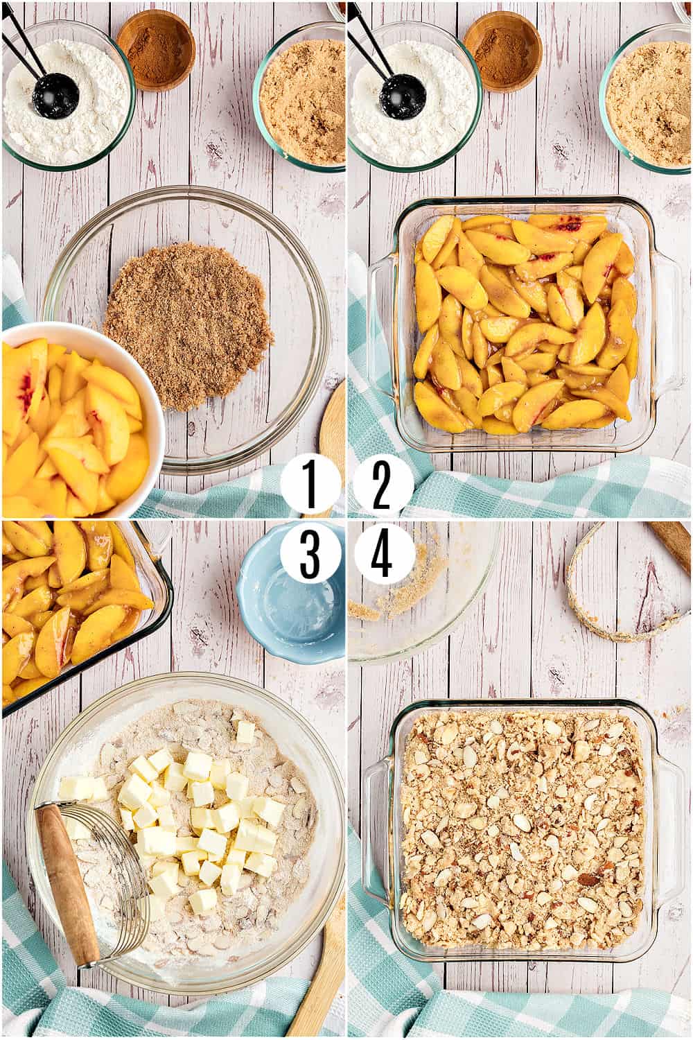 Step by step photos showing how to make peach crisp.