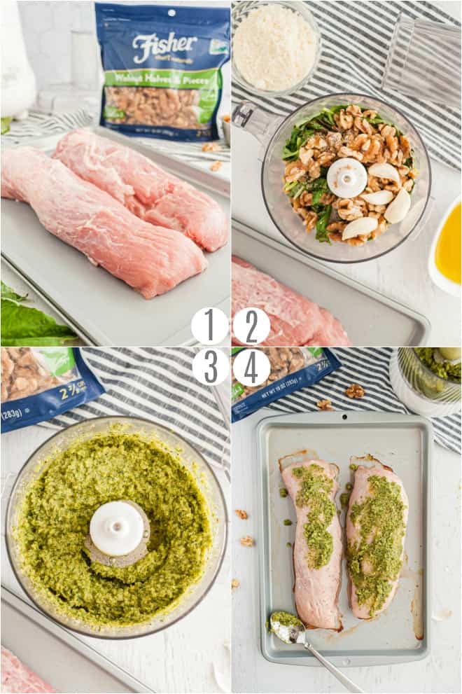 Step by step photo collage on how to make pesto pork tenderloin.