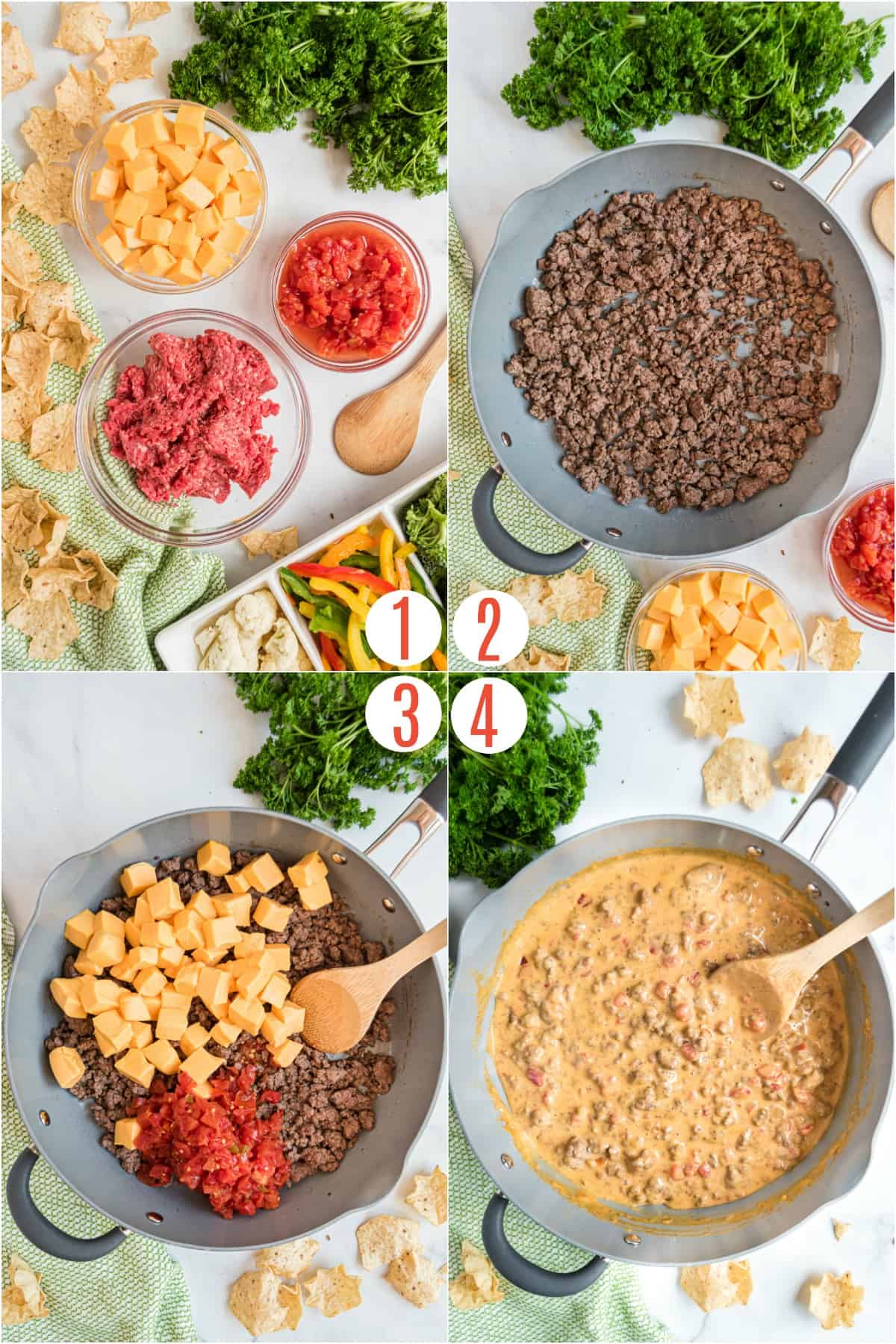 Step by step photos showing how to make rotel dip.