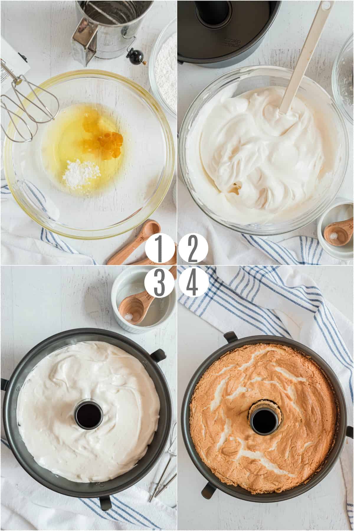 Step by step photos showing how to make angel food cake.