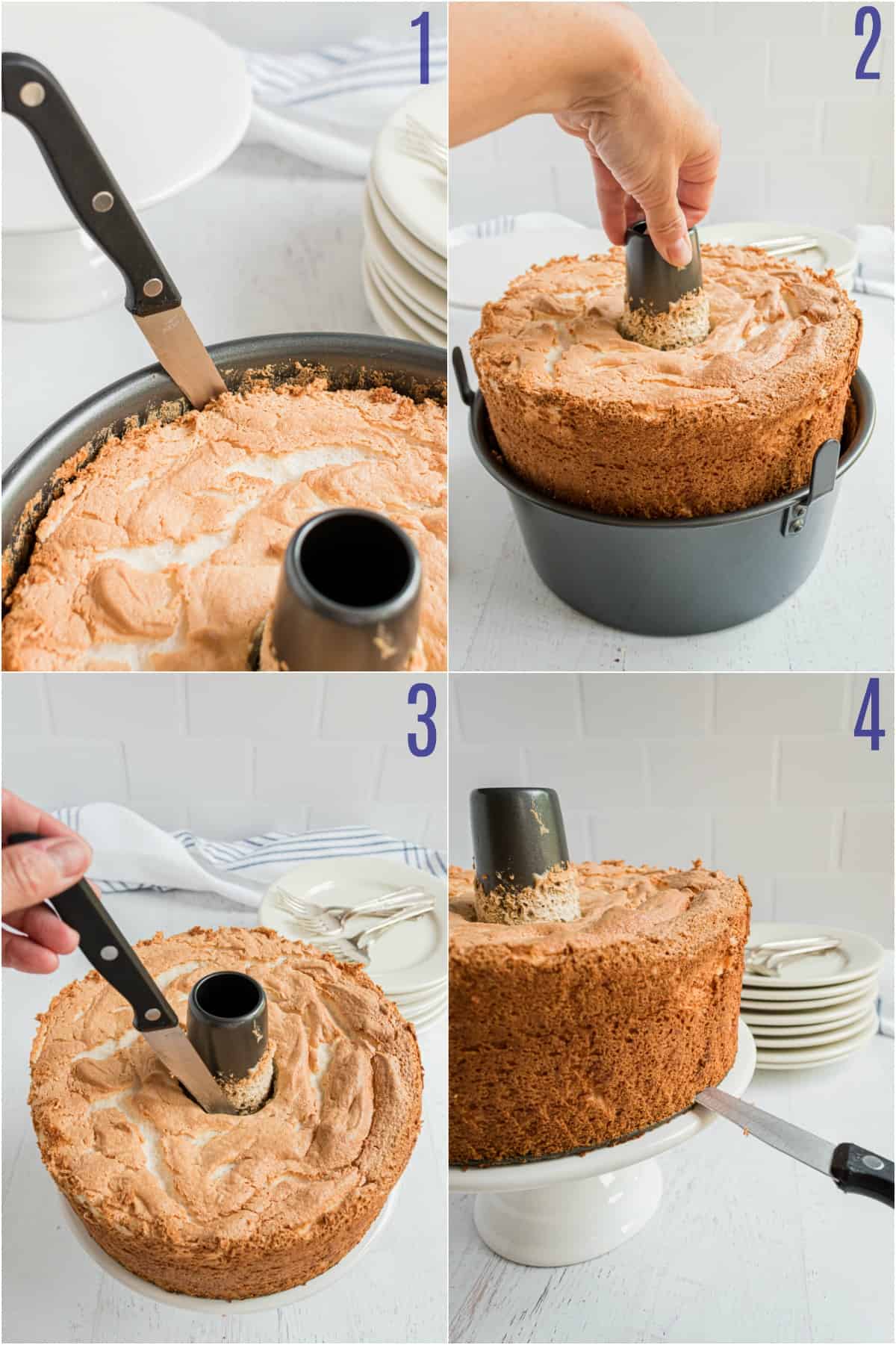 Step by step photos showing how to remove angel food cake from pan.