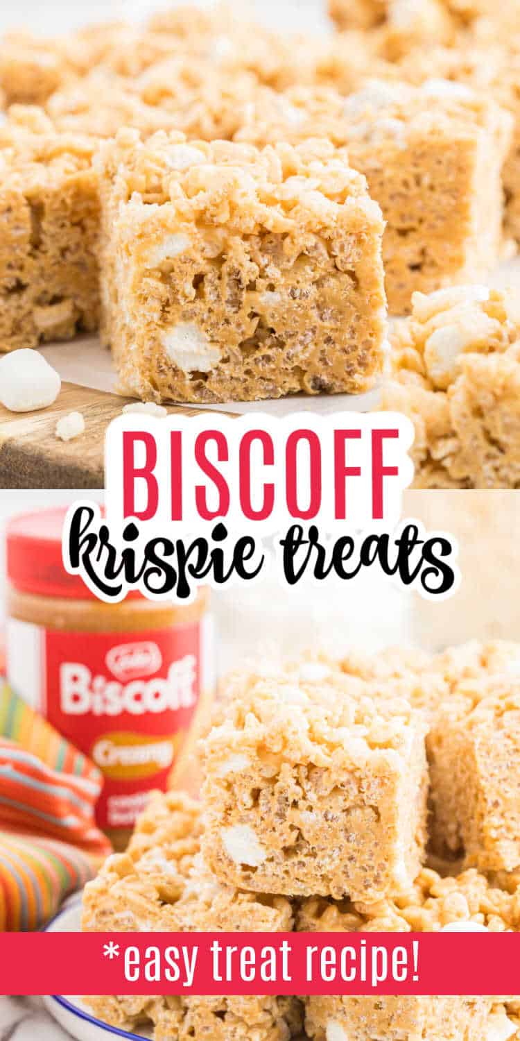 Close-up of Biscoff Rice Krispie Treats with gooey marshmallows, a Biscoff jar, and text that says easy treat recipe.