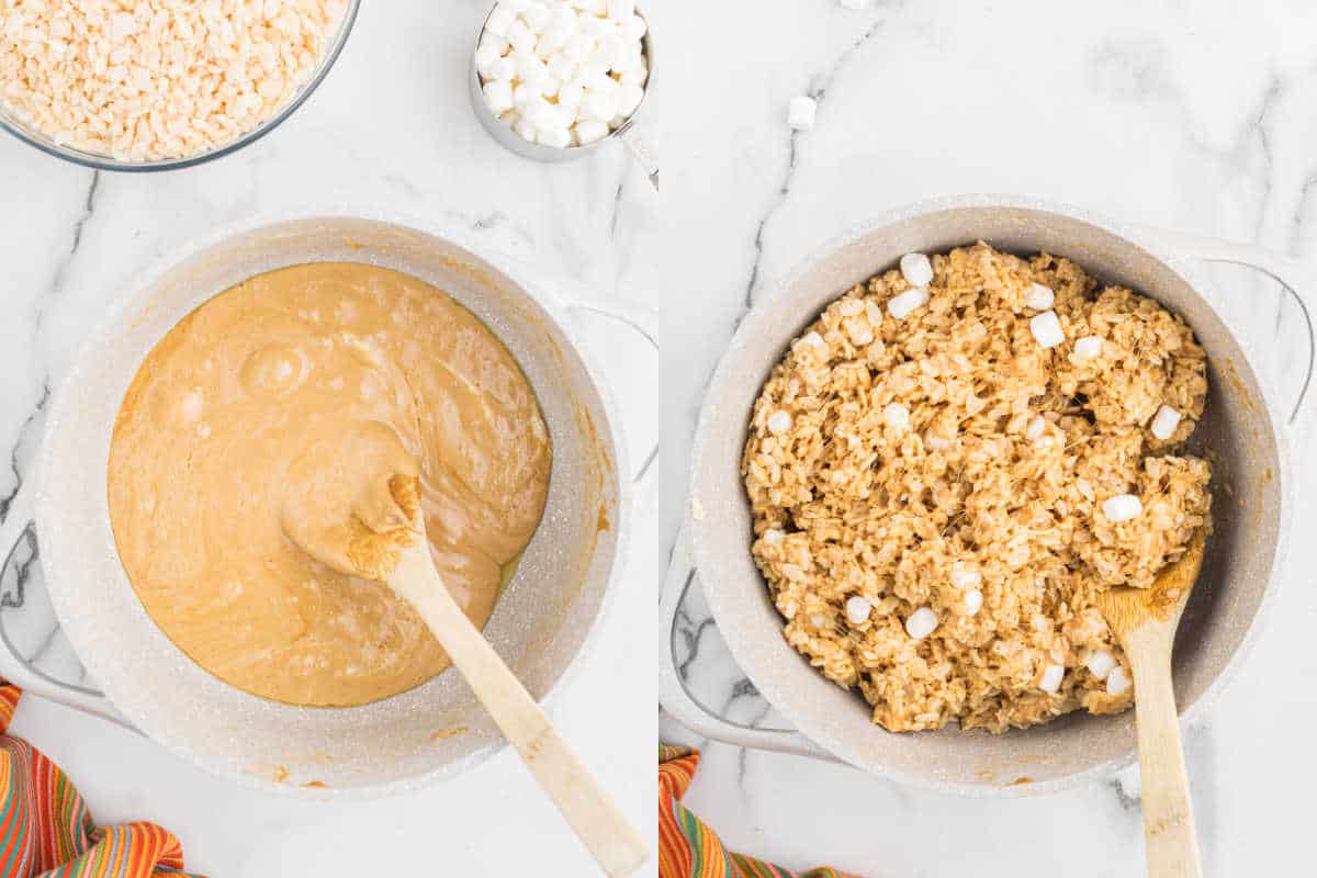 Two images: Left shows a pot of melted peanut butter mixture, right shows Biscoff Rice Krispie Treats with rice cereal and marshmallows mixed in.