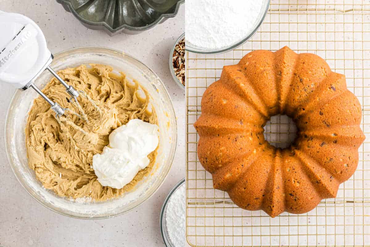 Left: Mixing brown sugar pound cake batter in a bowl. Right: Baked bundt cake cooling on a wire rack.