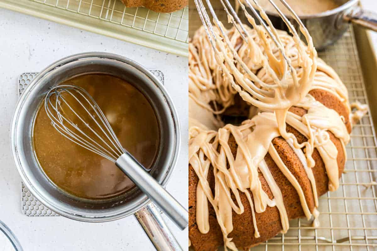 A whisk in caramel glaze in a pot, and a brown sugar pound cake being drizzled with the glaze.