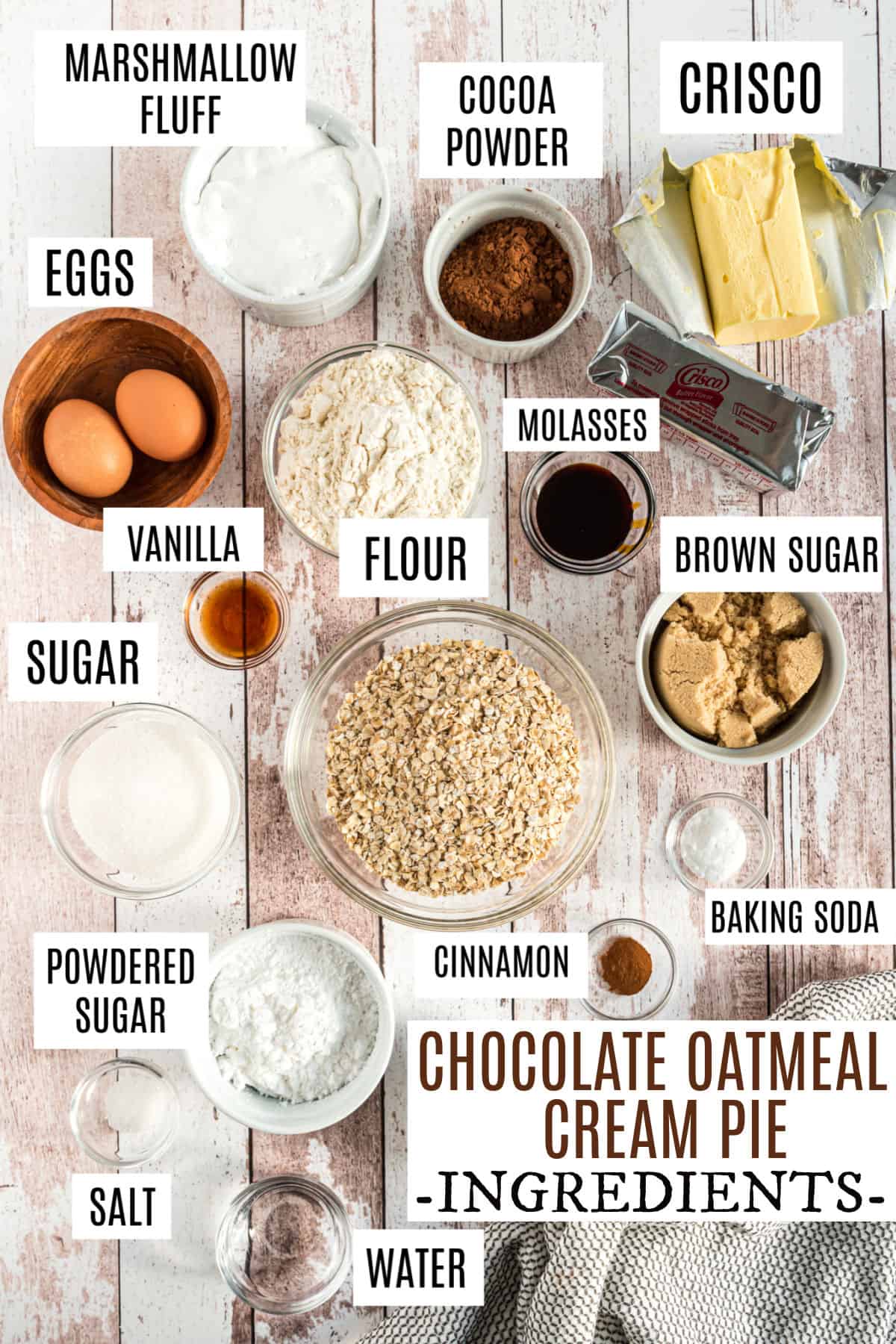 Ingredients needed for chocolate oatmeal cream pies.