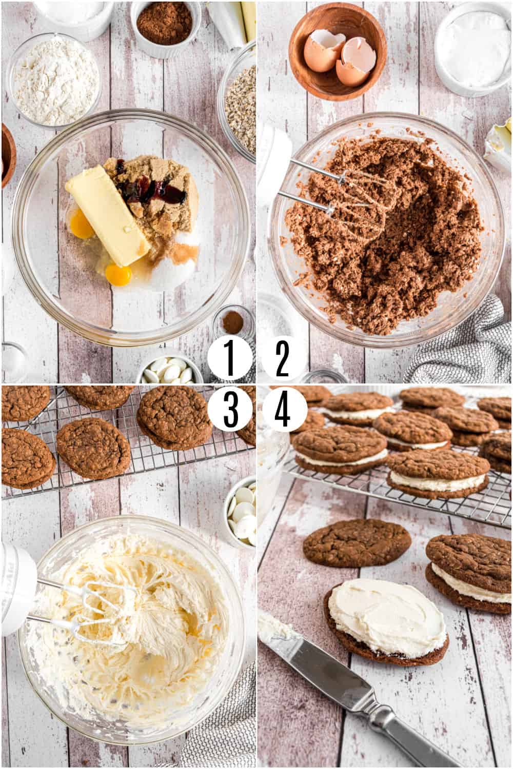 Step by step photos showing how to make chocolate oatmeal cream pies.