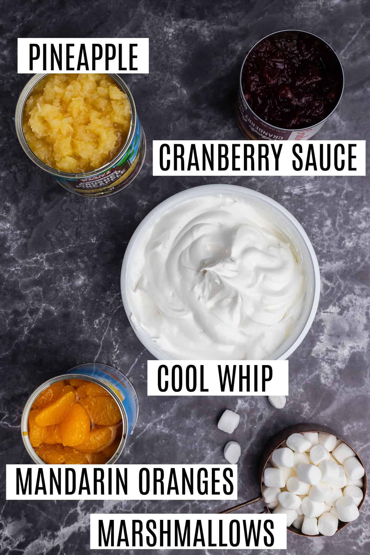 Ingredients needed to frozen cranberry salad.