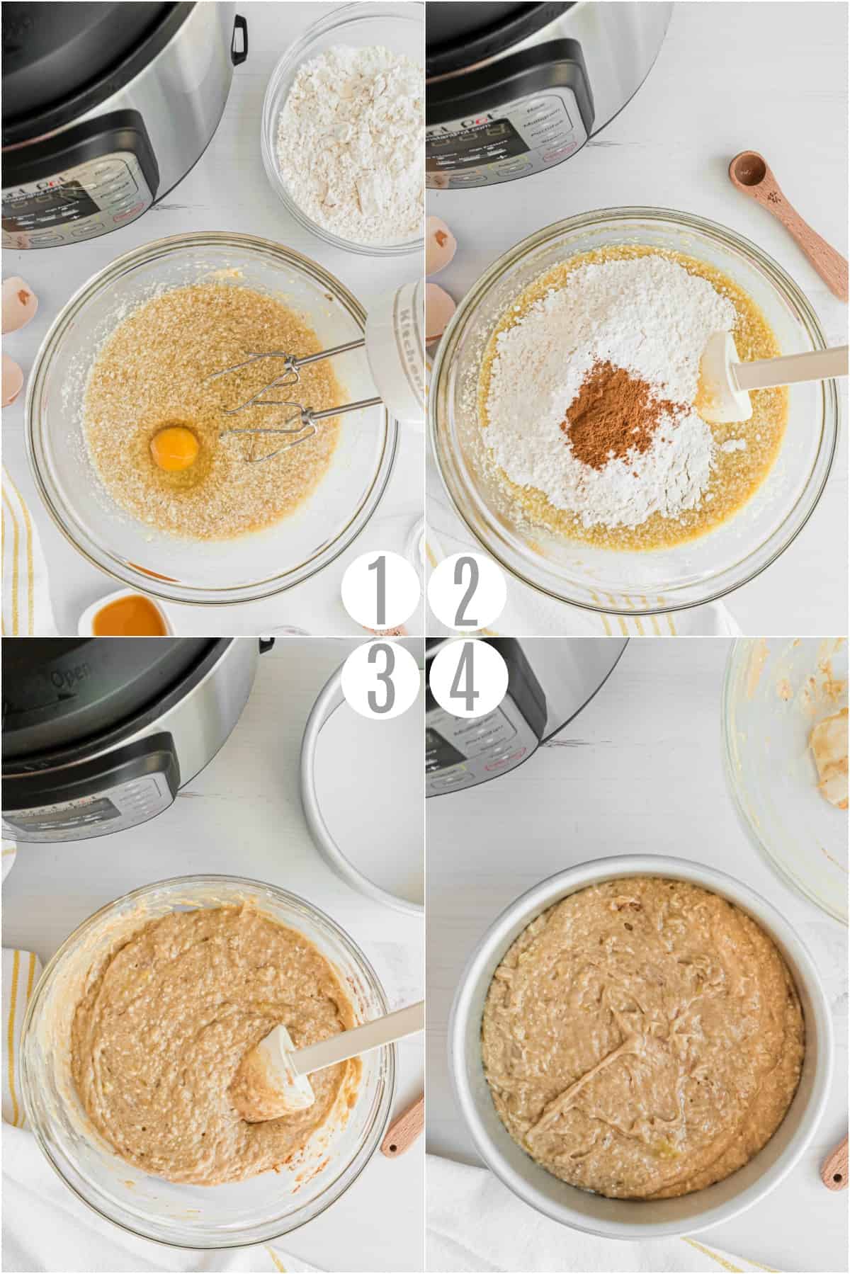 Step by step photos showing how to make banana bread batter.