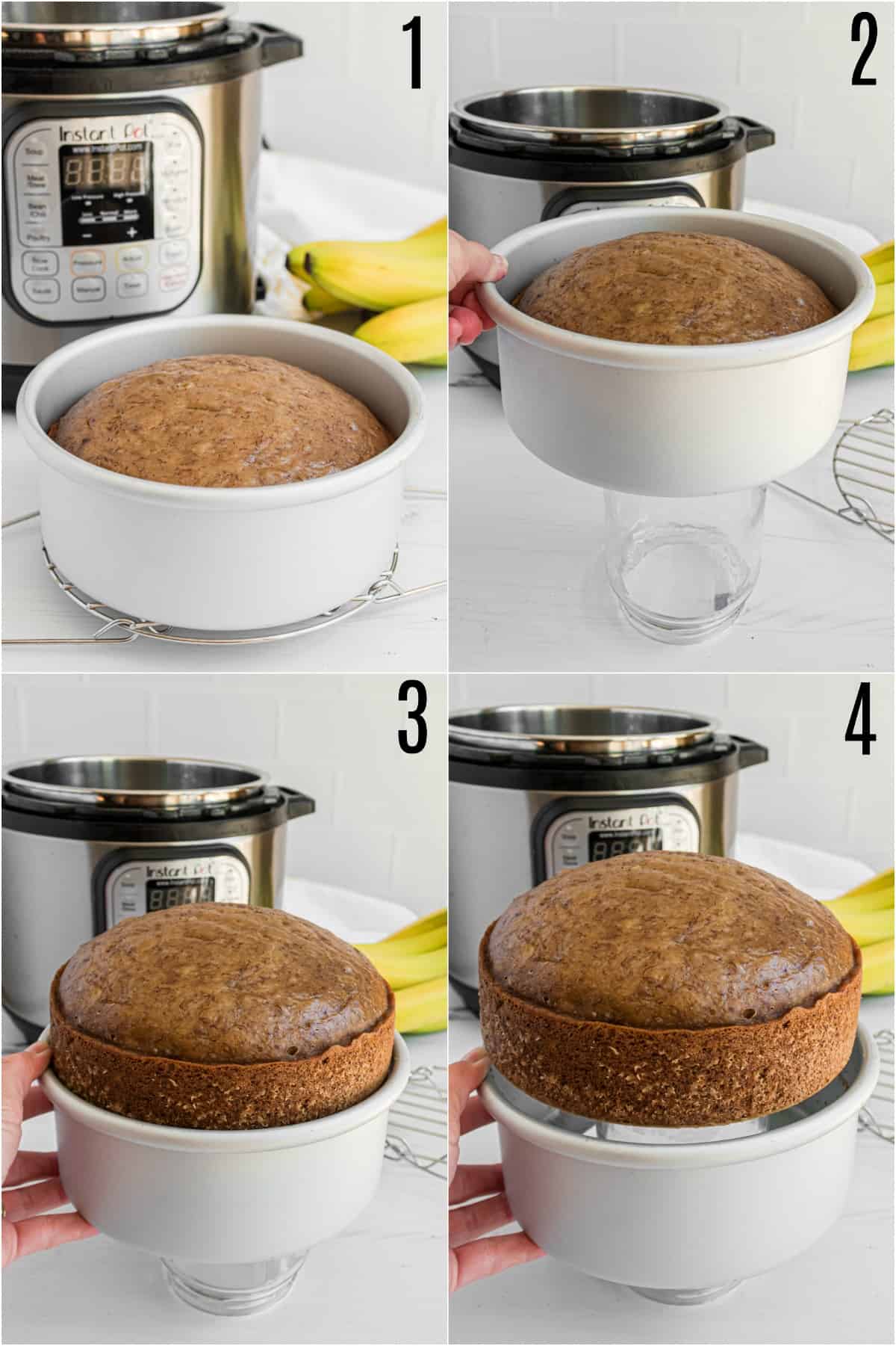 Step by step photos showing how to remove banana bread from push pan.