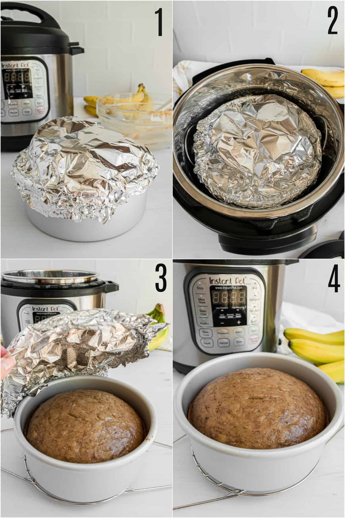 Step by step photos showing how to cover instant pot banana bread with foil.