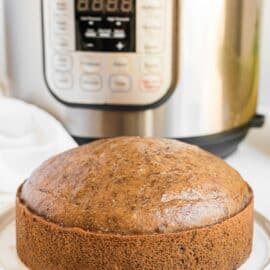 Banana Bread on a white plate with instant pot in background.