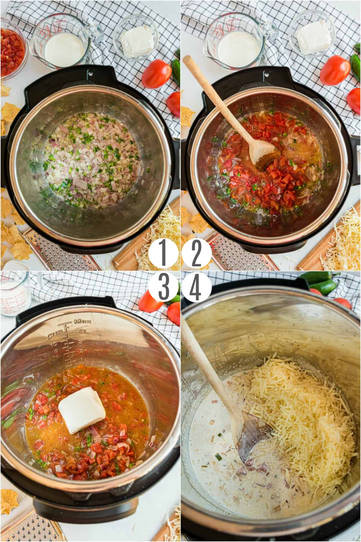 Step by step photos showing how to make queso in the pressure cooker.