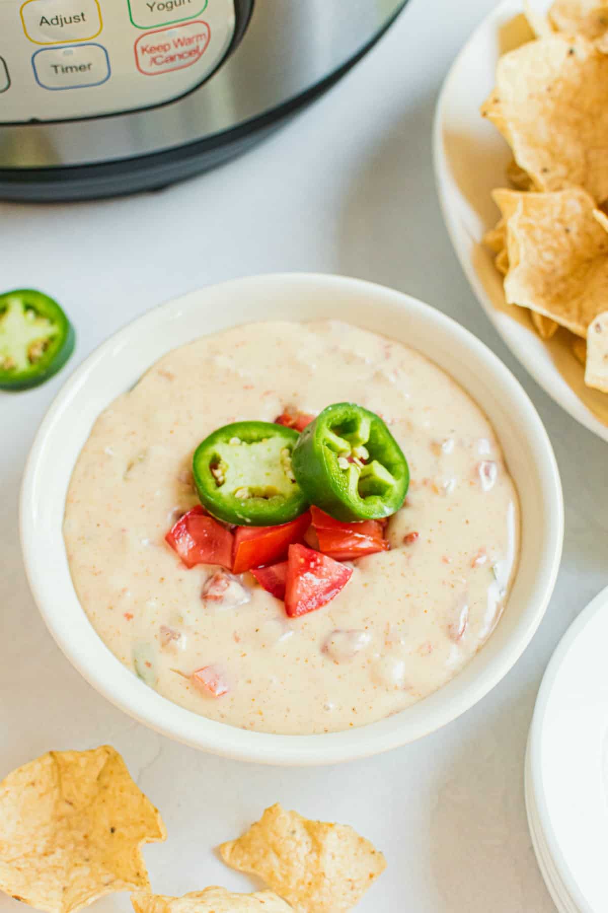 White cheddar queso in a bowl with tortilla chips on side.