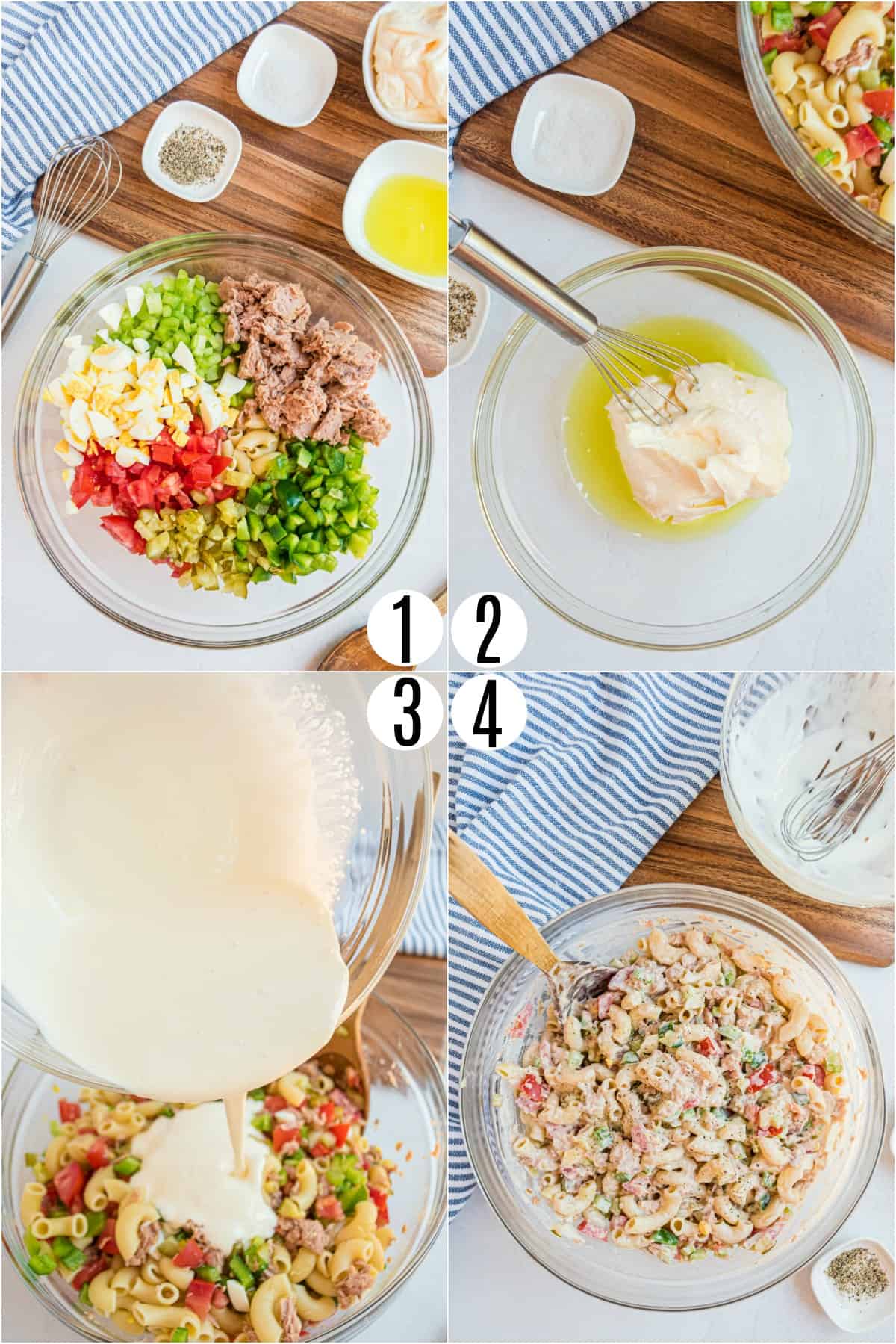 Step by step photos showing how to make macaroni pasta salad.