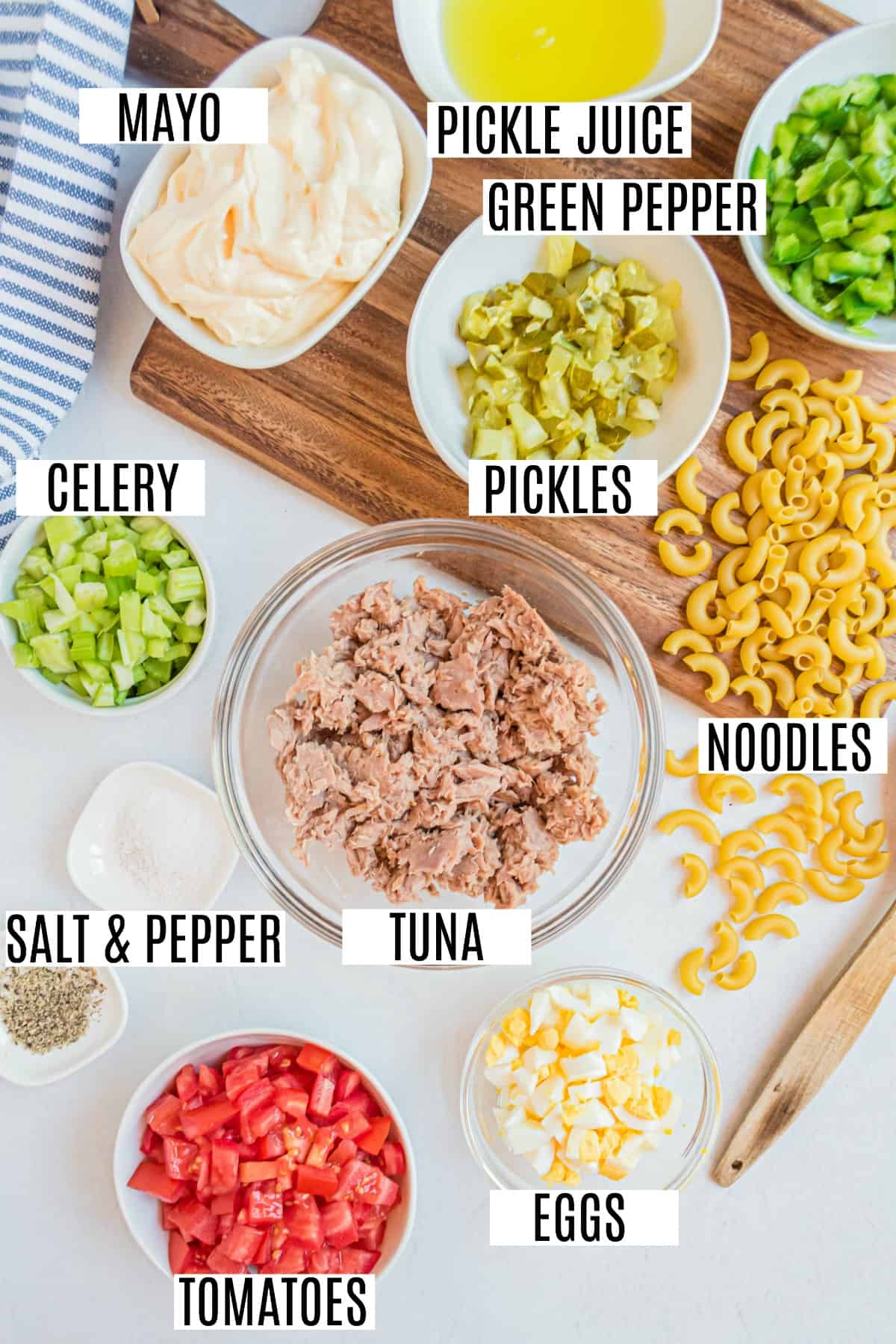 Ingredients to make macaroni salad with tuna.