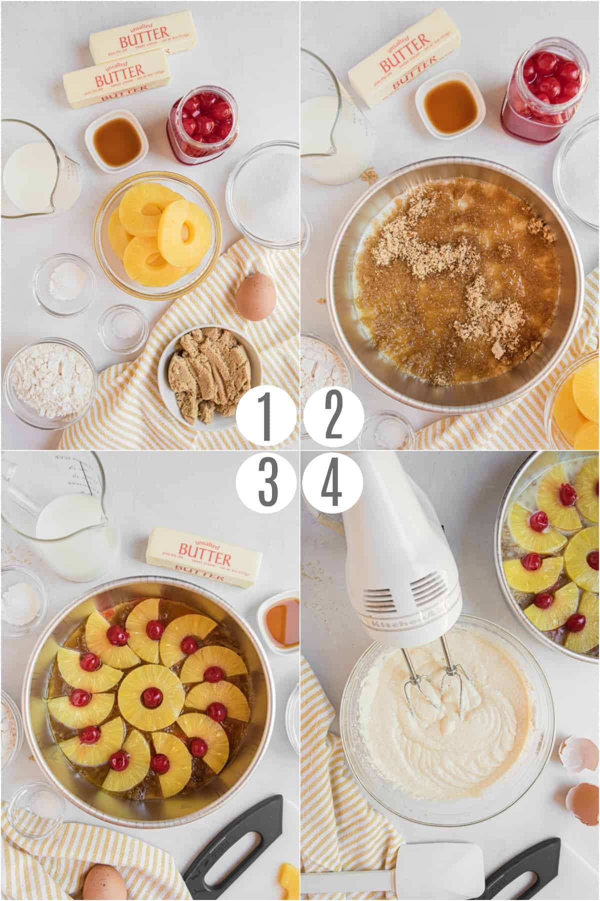 Step by step photos showing how to make pineapple upside down cake.