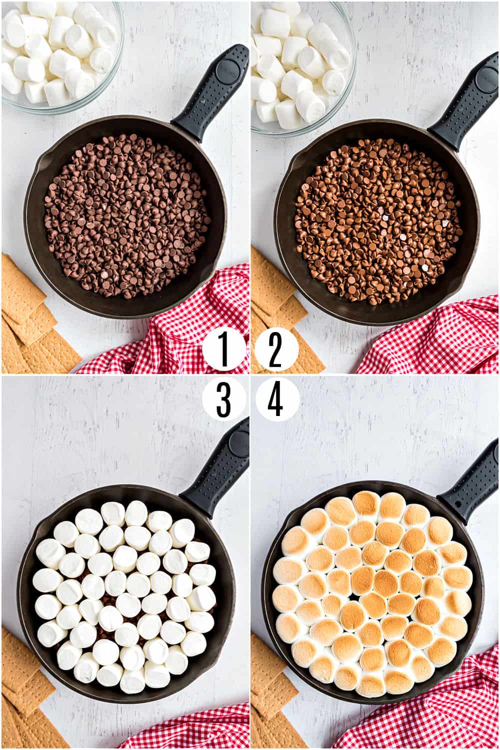 Step by step photos showing how to make smores dip.