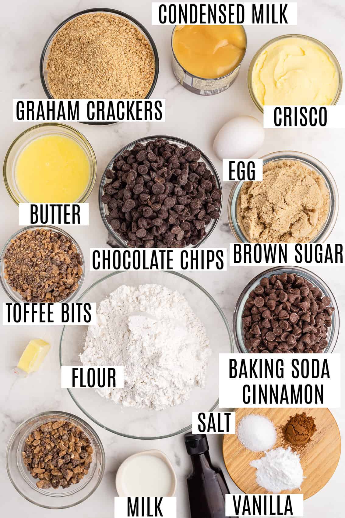 Ingredients needed to make toffee fudge chocolate chip bars.