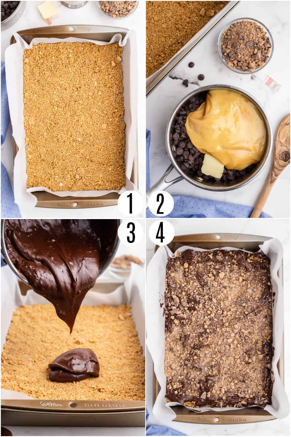 Step by step photos showing how to make toffee fudge bars.